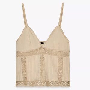 Zara Embroidered Beige Lace Detail Top in L